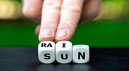 Hand turns dice and changes the word sun to rain.
