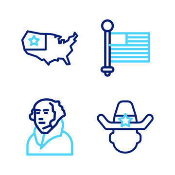 Set line Sheriff cowboy, George Washington, American flag and USA map icon. Vector