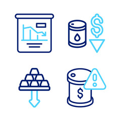 Set line Drop in crude oil price, Gold bars, and Pie chart infographic icon. Vector