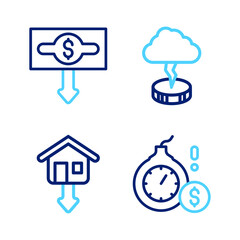 Set line Money bomb dollar crisis, Falling property prices, Storm and Dollar rate decrease icon. Vector