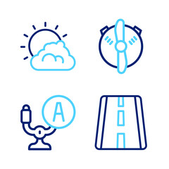 Set line Airport runway, Aircraft steering helm, Plane propeller and Sun and cloud weather icon. Vector