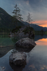 Hintersee during sunset with a burning sky