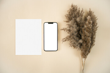 Mockup card and phone with pampas grass leaves on beige background

