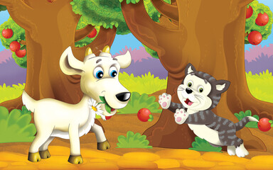 cartoon scene with farm animal in garden illustration