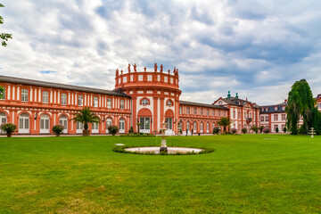 Picturesque view of the famous Biebrich Palace with the rotunda, the west wing, the eastern cascade...