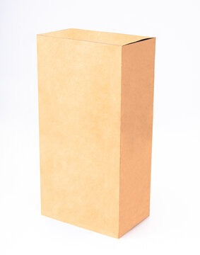 Brown cardboard box from front, isolated. Food packaging, unlabeled, vertical view. Blank box, carton, a packshot photo.