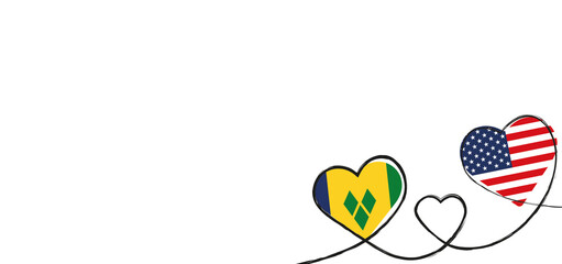 Drei verbundene Herzen mit der Flagge der USA und St. Vincent und die Grenadinen