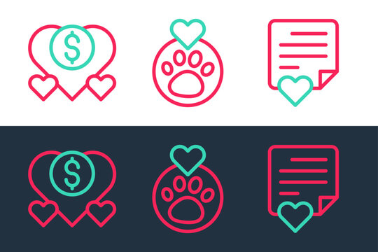 Set line Envelope with heart, Donation and charity and Heart animals footprint icon. Vector