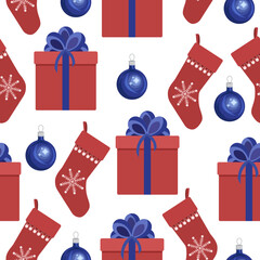 Seamless Christmas pattern gifts decorated with a bow,a stocking for gifts,a Christmas ball in blue-red tones on a white background.Vector pattern can be used in Christmas designs.textiles.