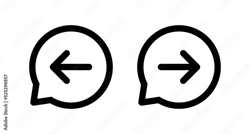 Poster turn right and left arrow icon vector in speech bubble line. forward and back sign symbol