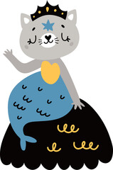 Cat mermaid sitting on rock. Cute sea princess