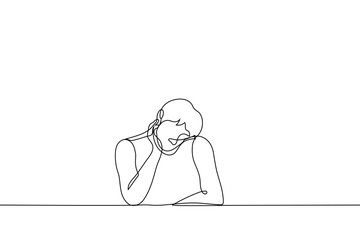 man sitting at the table in deep thought - one line drawing vector. concept boredom, reflection, procrastination, laziness, waiting