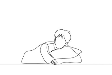 man shaggy raised his head from the pillow which he hugs with both hands - one line drawing vector. concept to wake someone up early in the morning