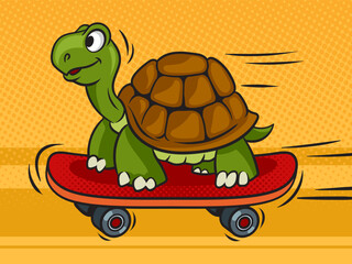 cartoon turtle rides skateboard pop art retro vector illustration. Comic book style imitation.