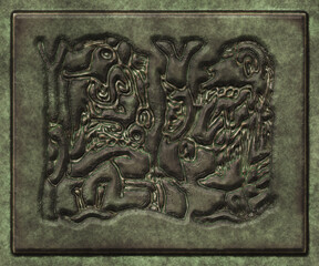 Glyphs- symbol hieroglyphic mayan. Coinage on metal- 3d illustration