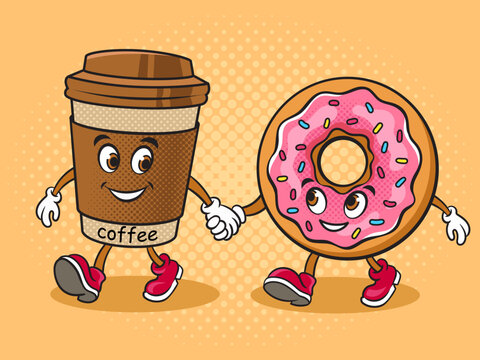 coffee and donut friends walking together pop art retro vector illustration. Comic book style imitation.
