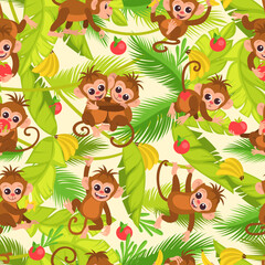 Cute monkeys seamless pattern. Cartoon little primates in jungles. Marmosets hugging on rainforest lianas. Animals eating banana and playing in tropical leaves. Splendid vector background