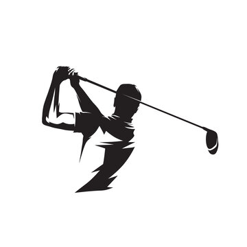 Golf player logo, abstract isolated vector silhouette. Golfer with driver