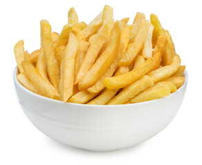 French fries in white plate isolated on white background, French fries on white plate With clipping...