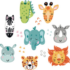 Set with heads of cute African animals on white background. Elephant, lion, hippo, cheetah, zebra, giraffe, rhino and crocodile in cartoon style.