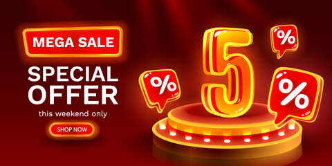 Mega sale special offer, Neon 5 off sale banner. Sign board promotion. Vector
