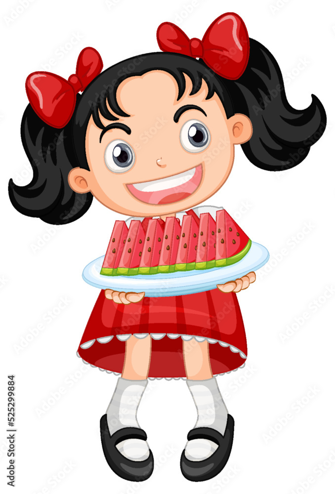 Wall mural Little cute girl holding watermelon sliced plate