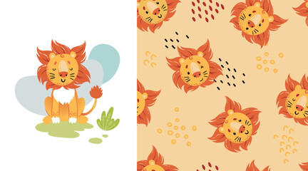 Seamless pattern and poster with baby lion on yellow background in cartoon style.