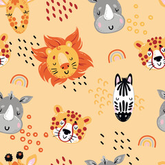 Seamless pattern with cute african animals heads on light yellow vbackground. For children textile design, wallpapers and wrapping paper.