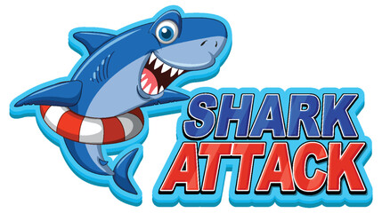 Shark attack icon with shark cartoon character wearing inflatable ring