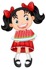 Little cute girl holding watermelon sliced plate