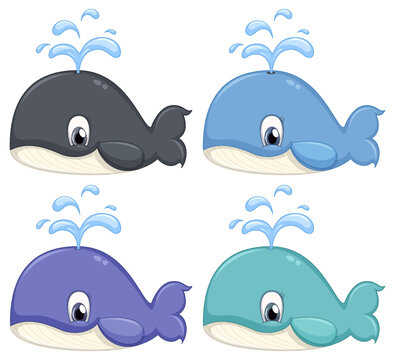 Set of different cute whale cartoon characters