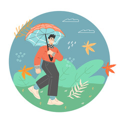 Autumn decorative banner or label design with man under umbrella in the rain, flat vector illustration isolated on white background. Circle badge or label for autumn season sales.