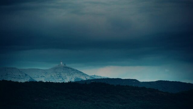Mountain landscape with Mont Ventoux in the distance, view from Baronnies Provencales Natural Park in France. Evening view