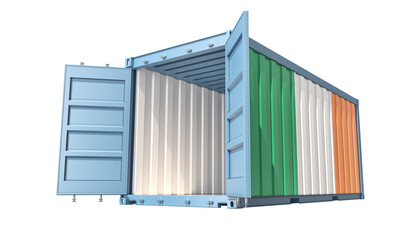 Cargo Container with open doors and Ireland national flag design. 3D Rendering