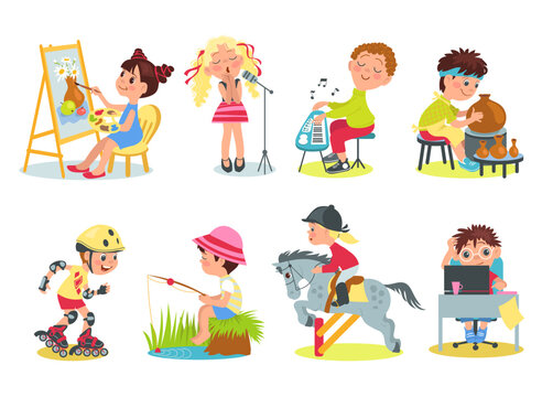 Kids hobbies. Little children characters engaged in various activities. Creative boys and girls. Teens play music or painting. Young people fishing and roller skating. Splendid vector set