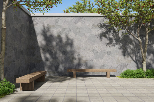 3d render of wooden bench in the backyard garden with stone cladding wall and pavement floor.