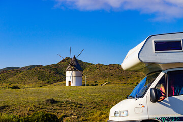 Caravan and wind mill in Spain