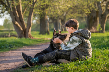 a boy with a dog walk in the park on a sunny spring evening, sit on the grass. Friendship of man and animal, healthy lifestyle.