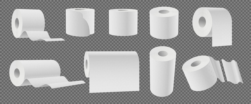 Realistic soft paper rolls. 3D clean toilet tissue mockup. Kitchen disposable towel. Wipe napkin detachable sheets. Domestic hygiene. Restroom household cylinder. Decent vector set