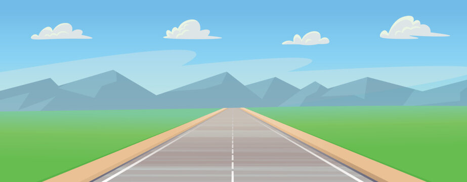 Empty road with mountains with green fields, perspective view . Vector illustration in cartoon style.