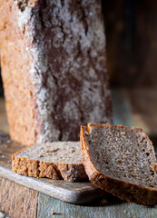 Sliced rye bread on a rustic table