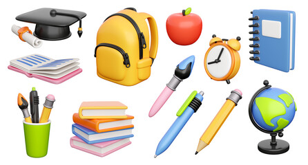 Icons set for back to school, learning and onlline education banners. School bag, notebook, writing accessories, globe, books stack, clock and graduation cap. 3d high quality isolated render