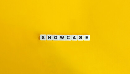Showcase Word and Banner. Block Letter Tiles on Yellow Background. Minimal Aesthetics.