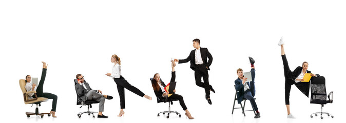 Destroy gender stereotypes. Young office workers in business suits in action isolated on white background. Business, rights, addiction concept.