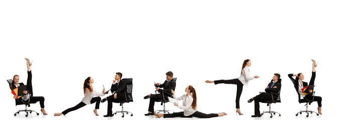 Destroy gender stereotypes. Young office workers in business suits in action isolated on white background. Business, rights, addiction concept.