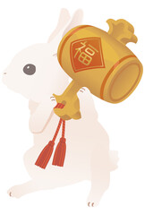 打ち出の小槌を持つ白いウサギのベクターイラストカット  ジャンプなどバリエーションあり