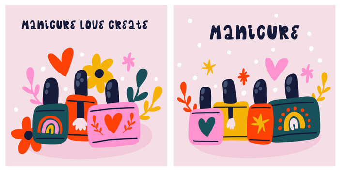Set of trendy fashion colorful cute vector hand-drawn illustrations with nail polish and elements. Perfect for banner, social media, flyers, posters, greeting cards