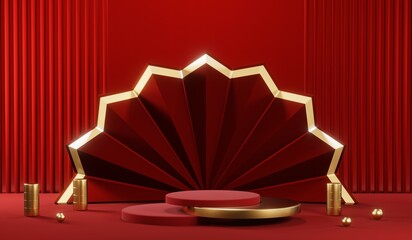 3D rendering of blank product background for cream cosmetics Modern red podium background