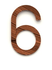 Number 6 made of several separate wooden pieces lying on top of each other with 3D effect and shadows on white background, 3d rendering