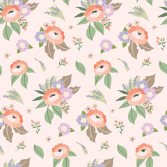 Seamless floral pattern, gentle ditsy print with hand drawn decorative plants in pastel colors. Romantic botanical background with wild flowers, leaves, herbs in bouquets on white. Vector.